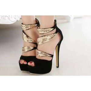 Fashion Luxury Women Designer Sandals Black With Gold Embellished